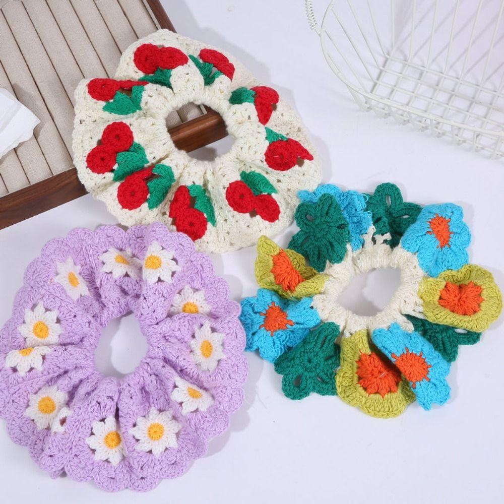 Bohemian Style Knitted Hair Rope Flores Ponytail Hair Band Crocheted Flower Scrunchies Women