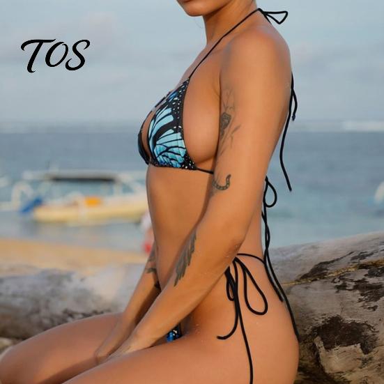 Adjustable Swimwear Women Butterfly Print Bikini Set, Halter Tie Top & Side Thong, Sexy Triangle Swimsuit Two Piece Swimsuit, Beach Bathing