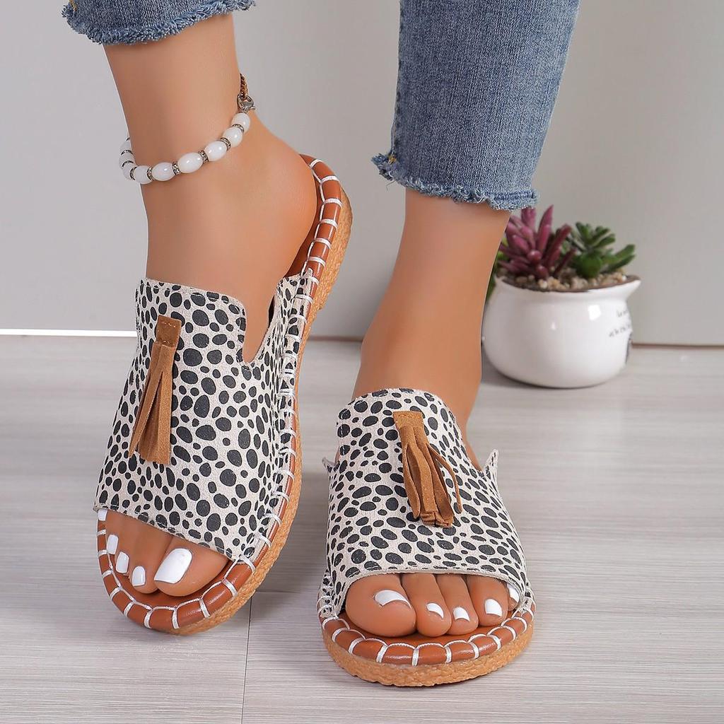 2024 Women's Tassel Flat Sandals: Leopard Print, Size 40-43, European & American Style
