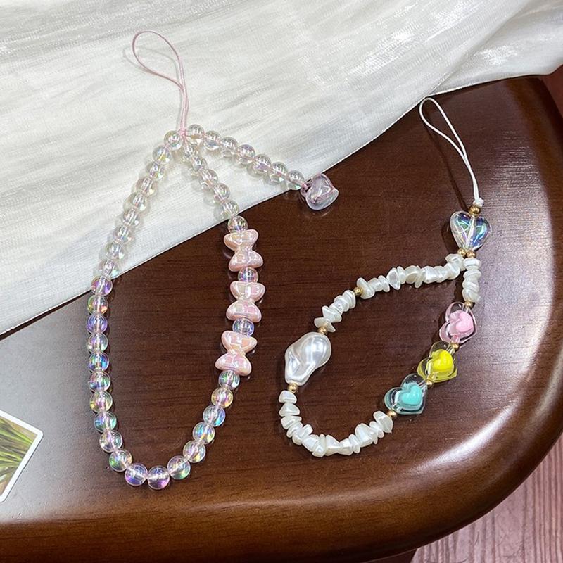 Korean Cute Charm Pink Butterfly Love Heart Phone Chain For Iphone Girl Women Jewelry Strap Beaded Lanyard Hanging Cord Bracelet