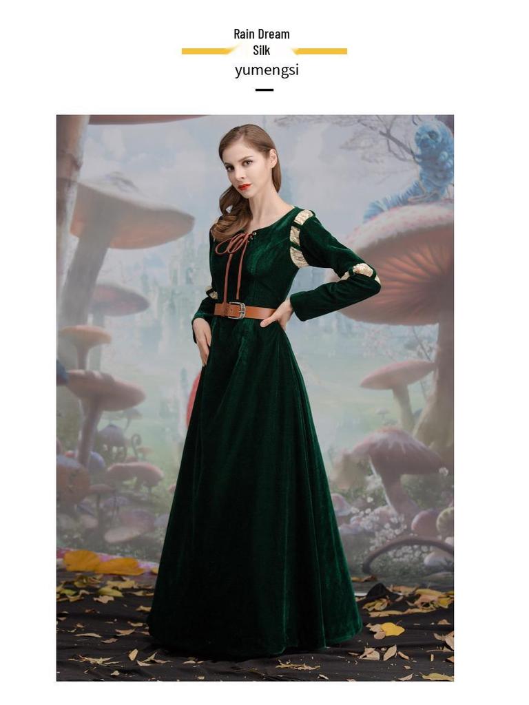 Women's Brave Merida Green Court Long Dress Halloween Cosplay Costume