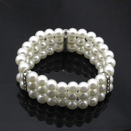 Fashion 3 Rows Faux Pearl Rhinestone Decor Elastic Stretchy Bangle Bracelet