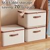 56L Foldable Linen Storage Box with Double Zipper and Leather Handles for Under-Bed Organization