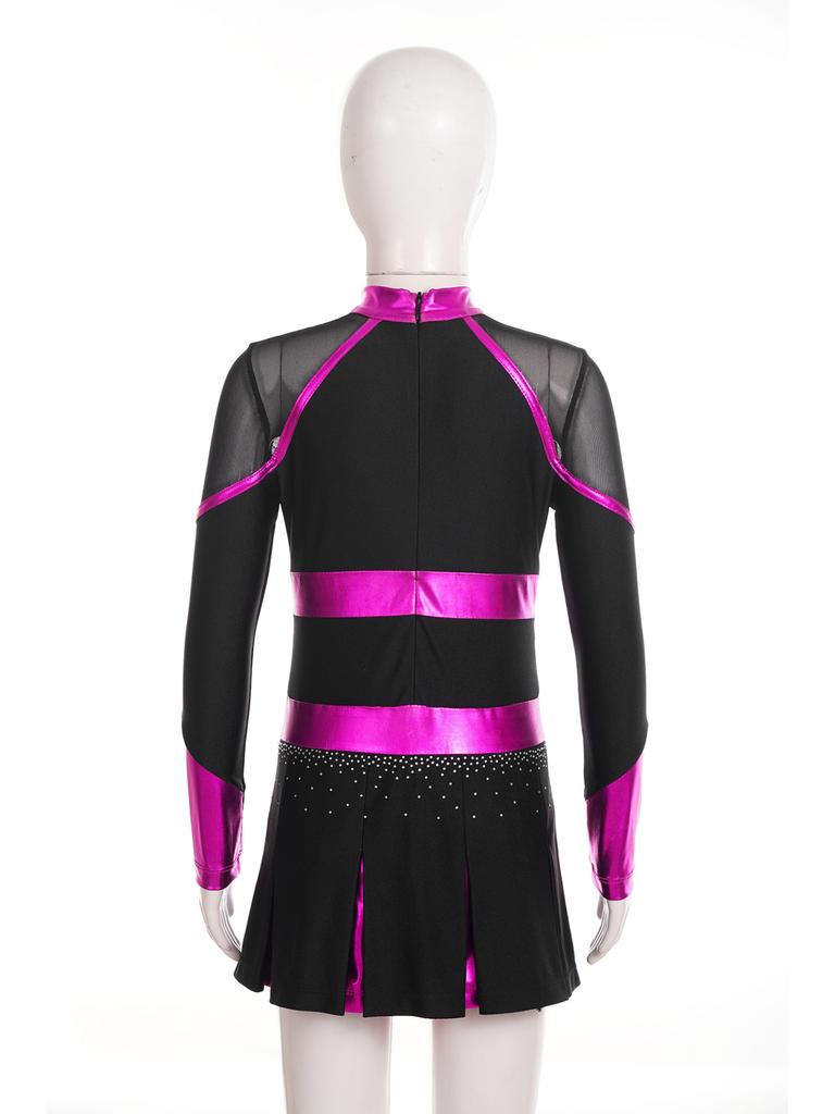 Kids Girls Cheerleading Dance Dress Letter Pattern Shiny Metallic Long Sleeve Pleated Dress