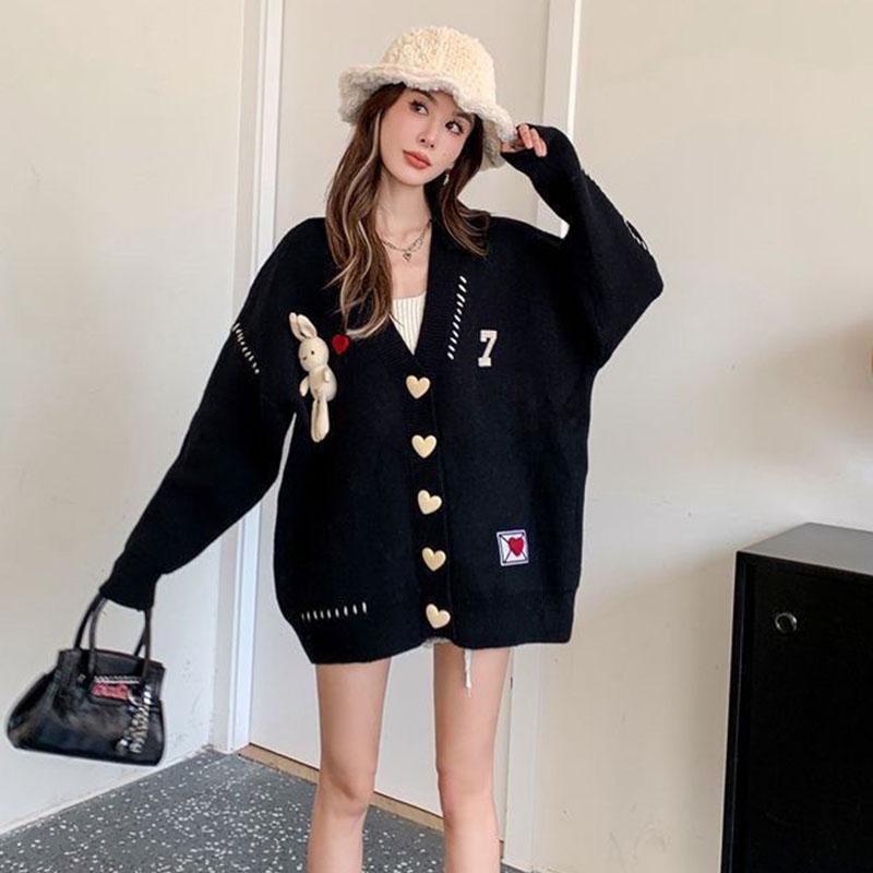 Черный вязаный кардиган с изображением кролика, женское пальто 2023, осень/зима, яркий свободный многослойный свитер с длинными рукавами, женский кардиган