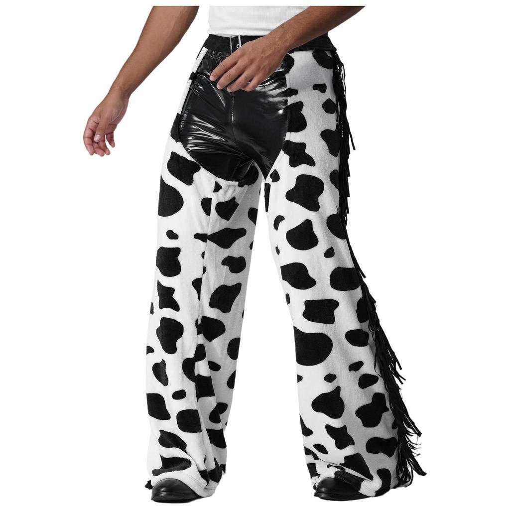 Men's Cow Print Flannel Chaps - Adjustable Waist Open Crotch Biking Pants with Side Tassels for Cowboy/Halloween (S-4XL)