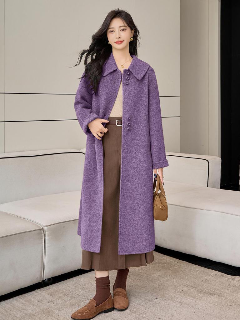 Корейское А-силуэтное кашемировое шерстяное пальто с кукольным воротником на осень/зиму 2025 - Свободное, Мода больших размеров.