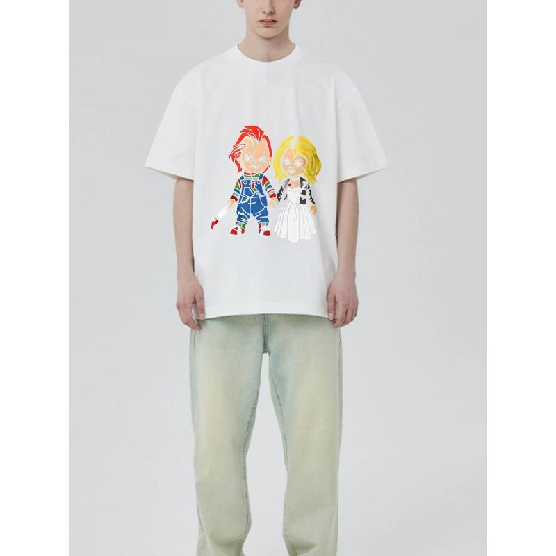 Chucky and Tiffany Cartoon T Shirt Black Horror Movie Characters Print Casual Wear for Men and Women