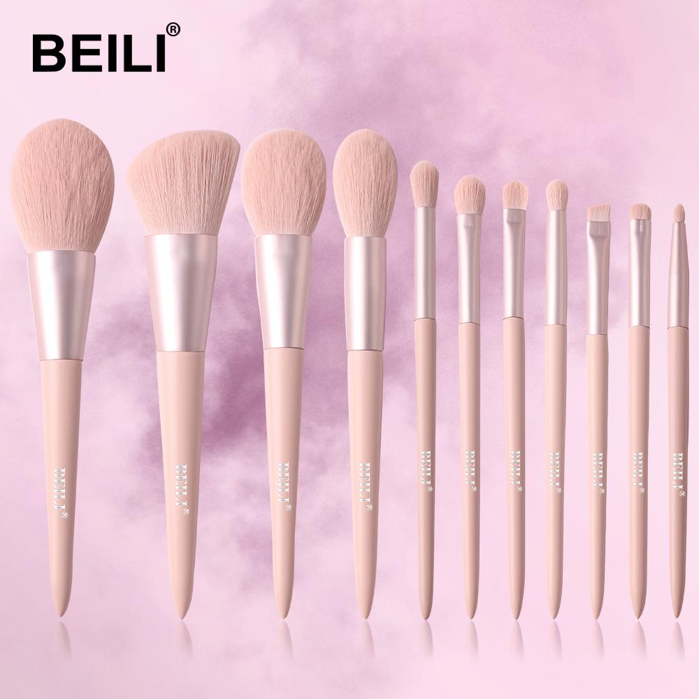 BEILI 11 Pcs Pink Makeup Brushes Set Eyebrow Eyelash Powder Synthetic Foundation Brushes Makeup Cosmetics Beauty Make Up Brushes Kit With Bag