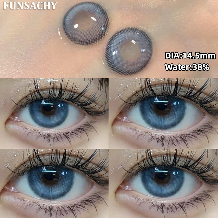 FUNSACHY2pcs Brown Colored Contacts Lenses with Myopia 0~-8.00 Degree Yearly Beauty Cosmetic Makeup Pupils 14.5mm Blue Eye Lens