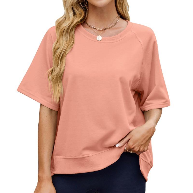 Женская весенне-летняя однотонная нить с круглым вырезом и рукавом средней длины, свободная футболка с капюшоном