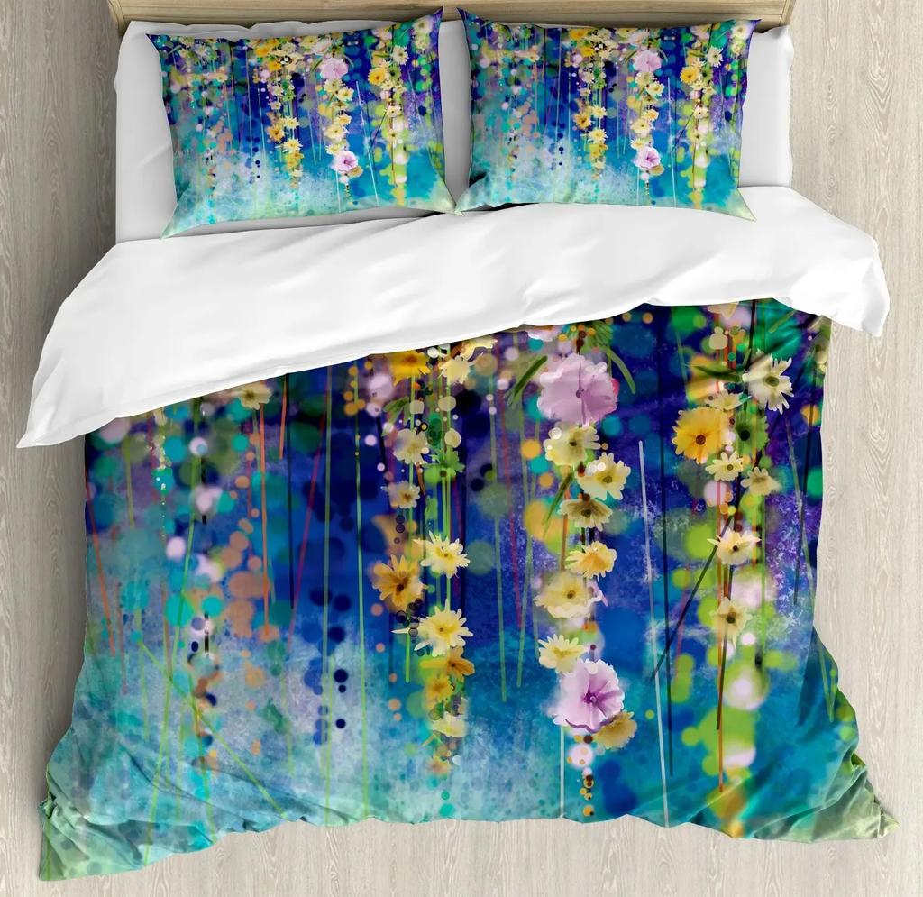 Красочный комплект пододеяльника с цветами,Абстрактный плющ Романтический пейзаж Весенний цветочный арт Природа Комплект постельного белья Полный размер,Бирюзовый Фиолетовый