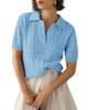 Women's V-Neck Cable Knit Polo Shirt - Short-Sleeved Solid Summer Sweater