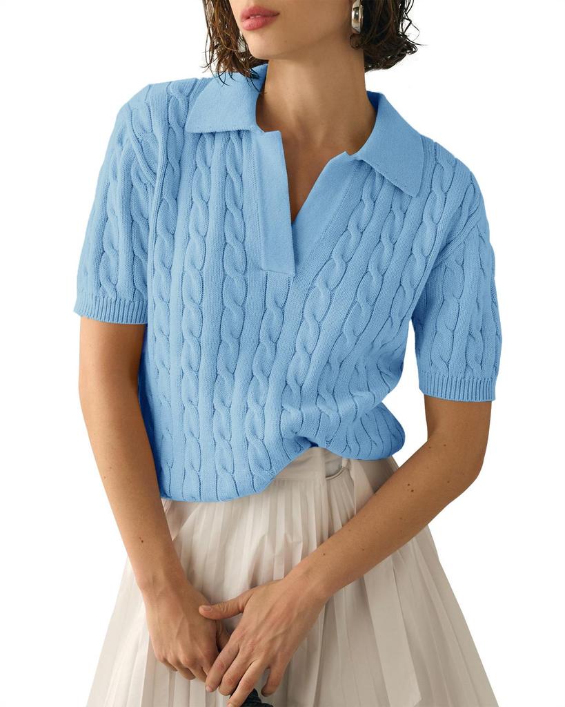 Women's V-Neck Cable Knit Polo Shirt - Short-Sleeved Solid Summer Sweater