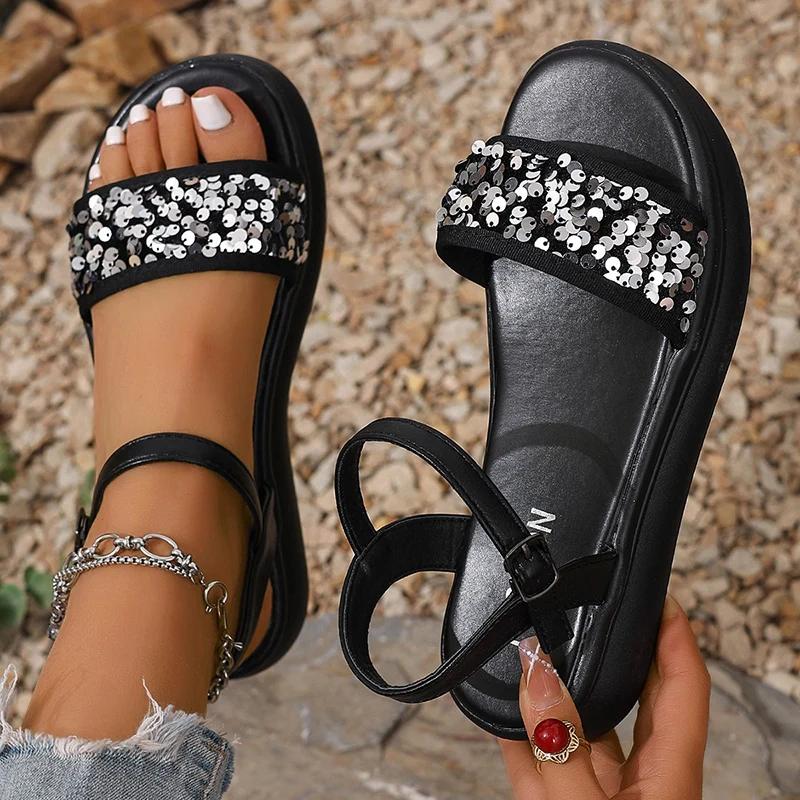 Fashion Fashion Sequin Platform Sandals Women Summer 2025 Thick Bottom Non Slip Sandles Woman Outdoor Ankle Buckle Sandalias De Mujer