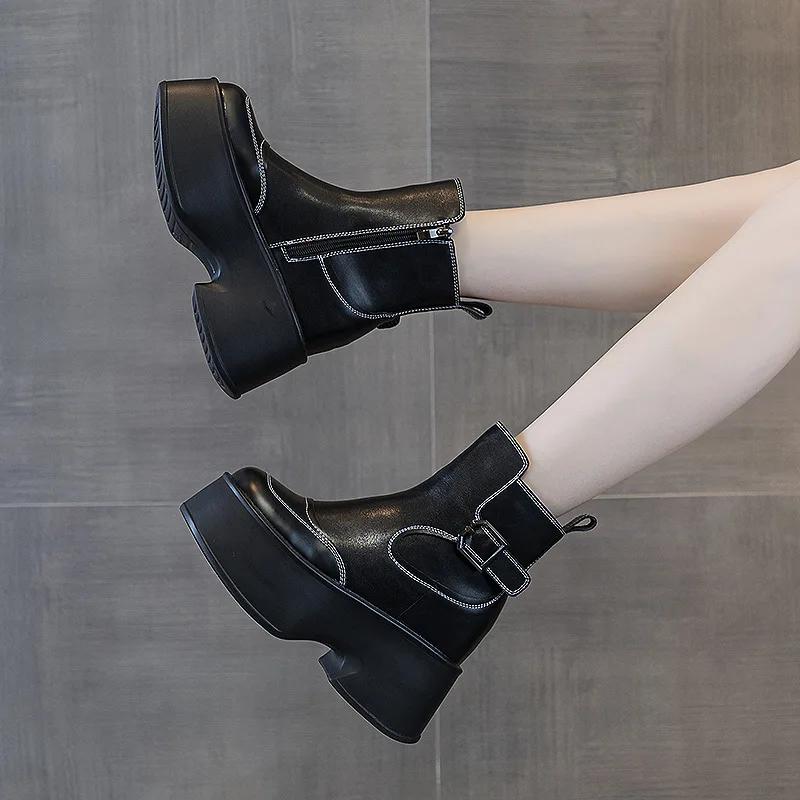 Модные женские ботильоны на толстом каблуке 11 см, осень и зима, увеличивающие рост, на толстой подошве, новые кожаные ботильоны 2024 года для женщин невысокого роста