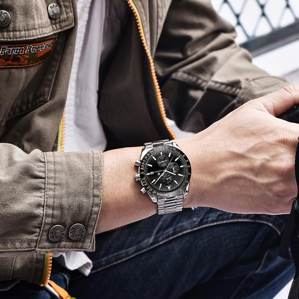 BENYAR AKNIGHT Watch Stylish Watch Watch Luminous Chronograph Fixed Bezel Analog Calendar Arm Watch Waterproof Japanese Quartz Watch Steel Band