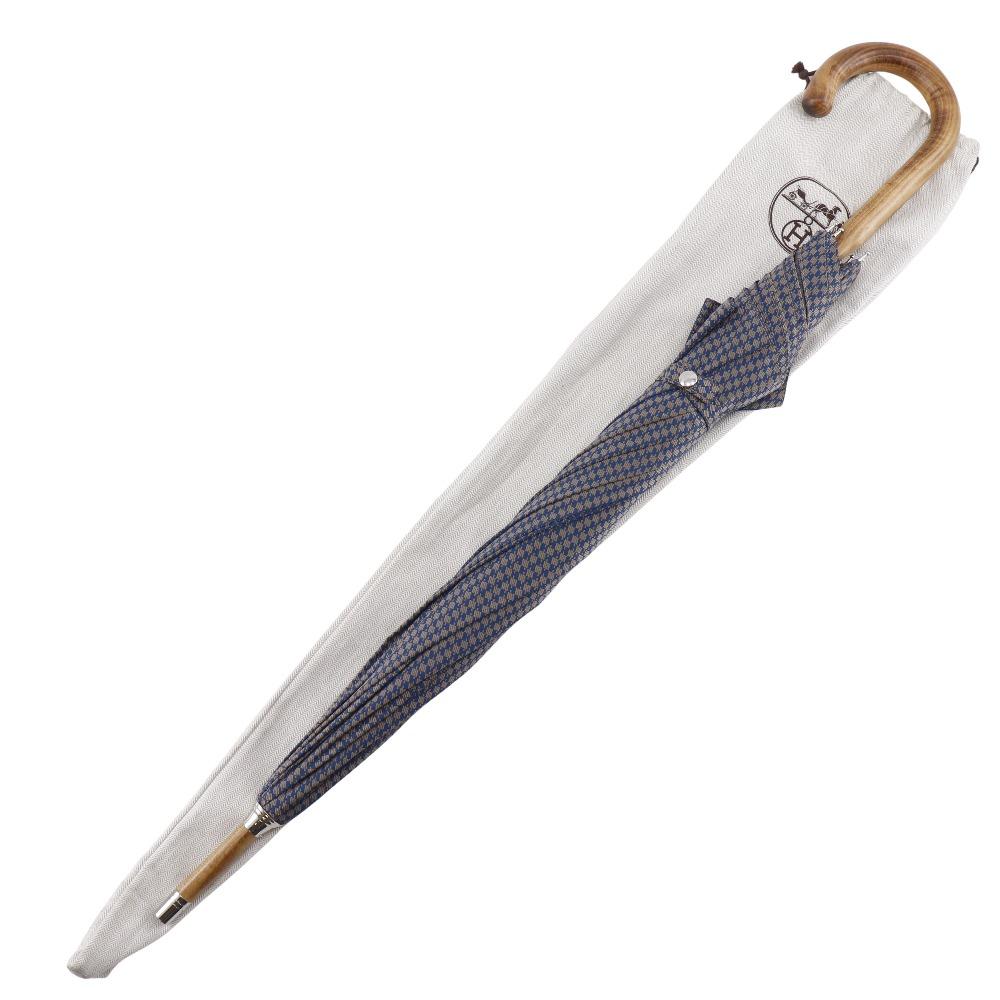 HERMES Long umbrella Wood handle Blue polyester unisex Used