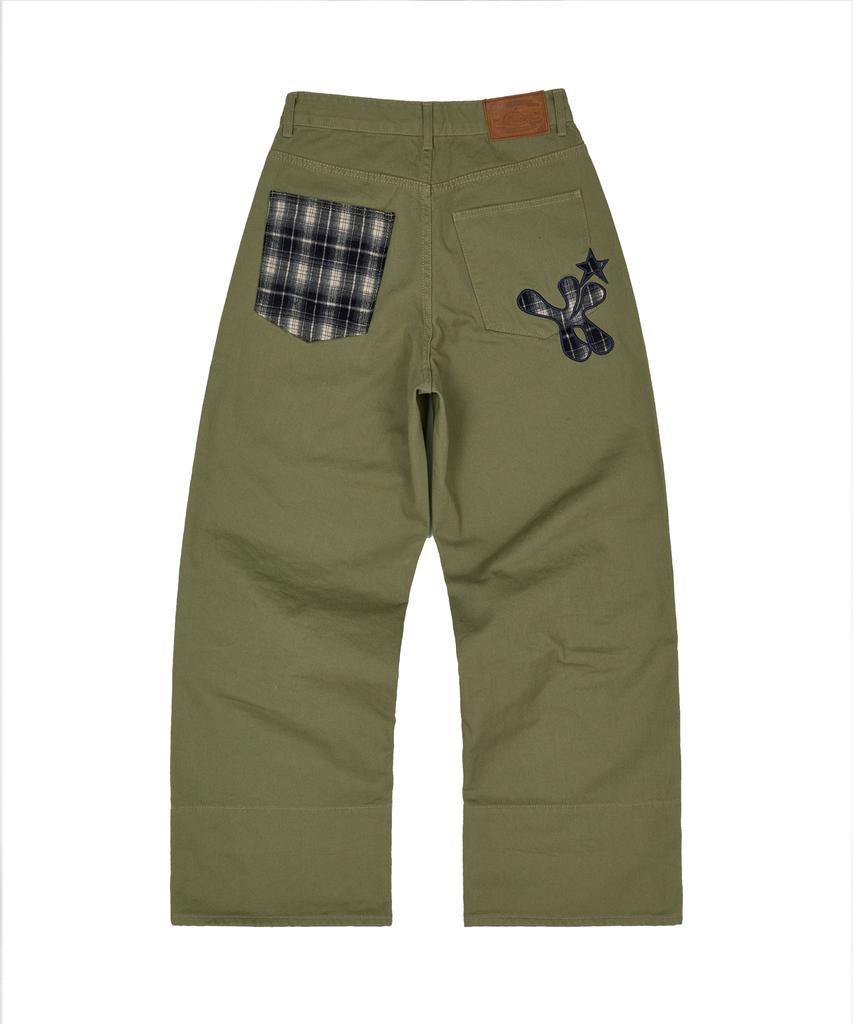 WAIKEI Check Applique Roll-Up Cotton Pants Khaki