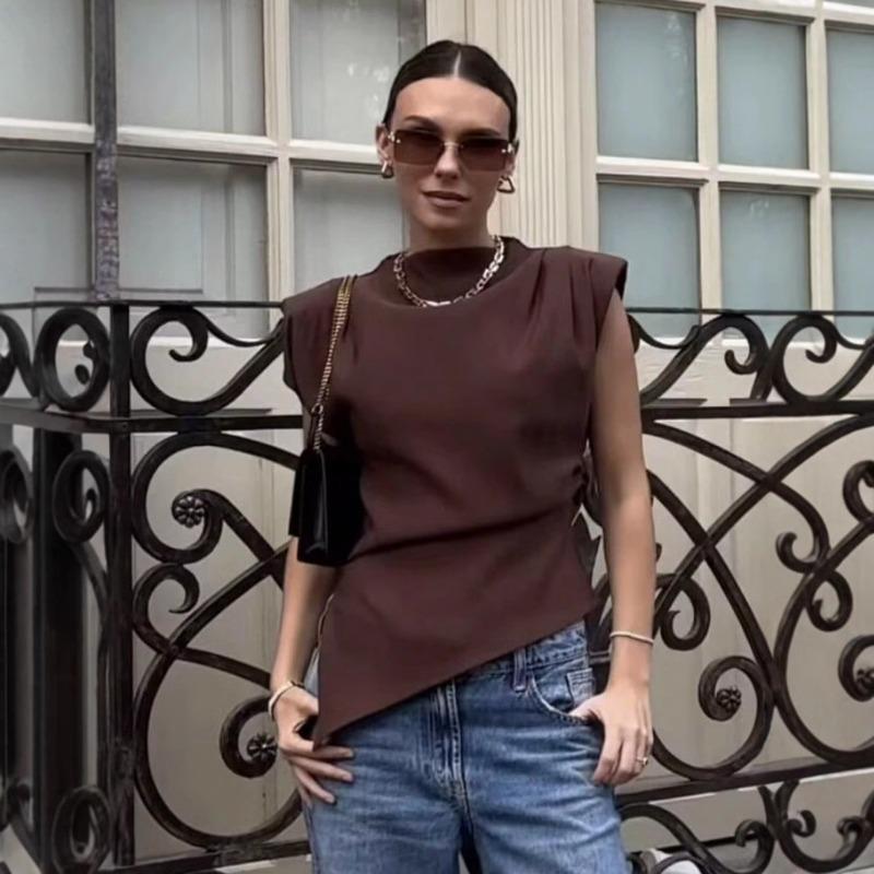 Women S Fashion Pleated Asymmetric Padded Shoulder Casual Top