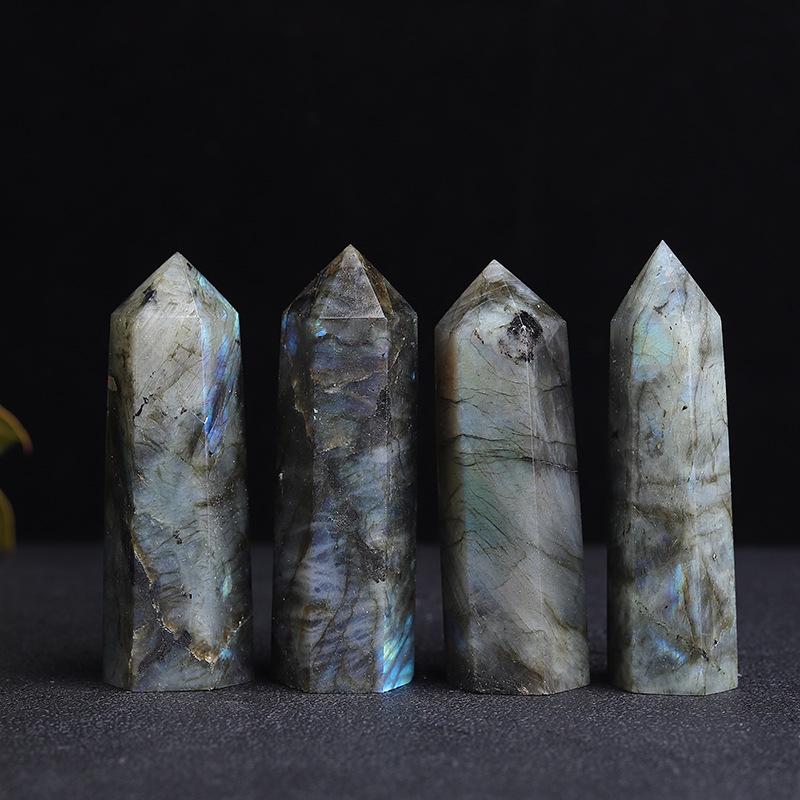 Natural Labradorite & Gray Moonstone Hexagonal Prism Crystal Ornament
