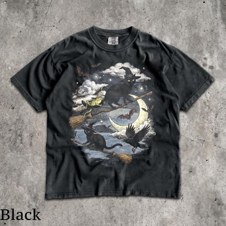 Vintage Black Cat Witch Shirt Unisex 90s Spooky Fall Halloween Graphic Tee Gift