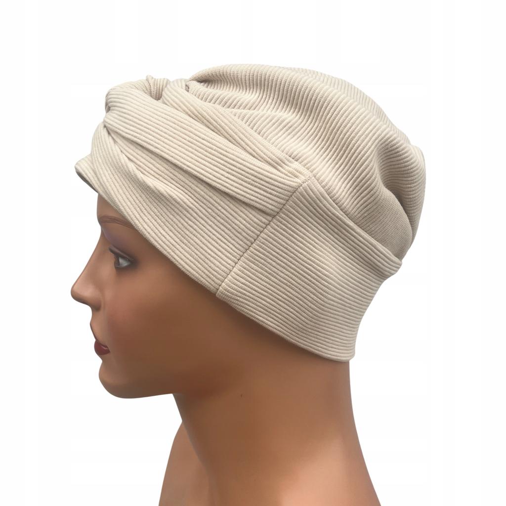 Turban Damski Sara Śmietanka Z Bawełny Prążek Także Po Chemioterapii