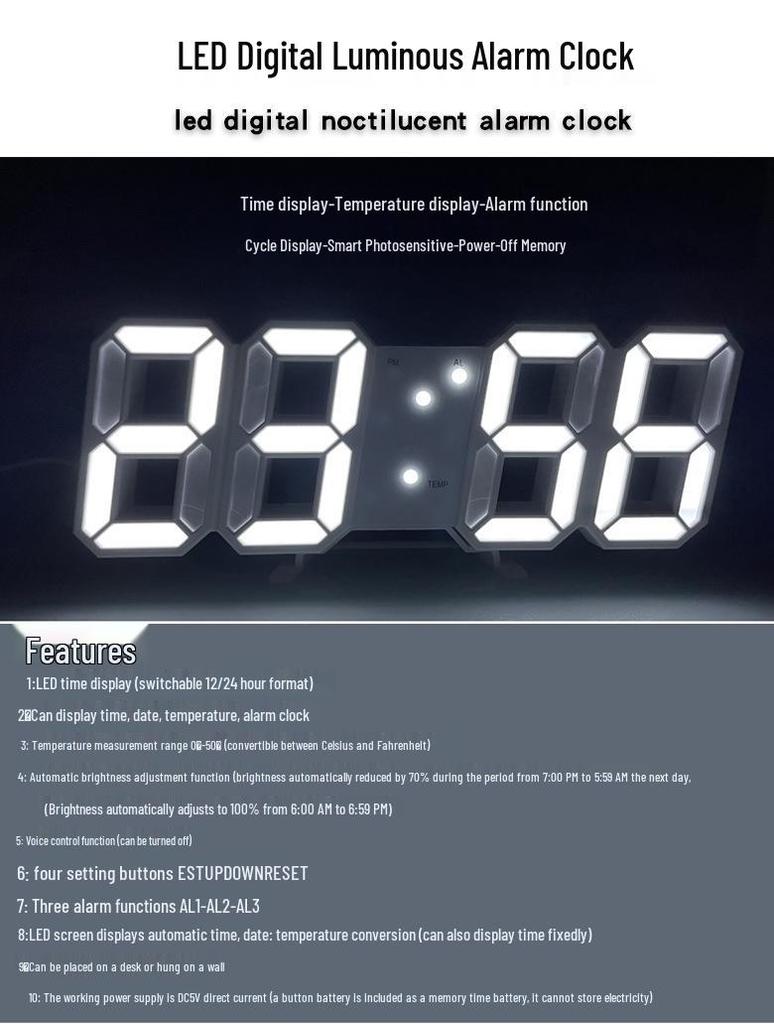 Luxury 3D LED Digital Wall & Desktop Clock - Luminous Alarm for Living Room