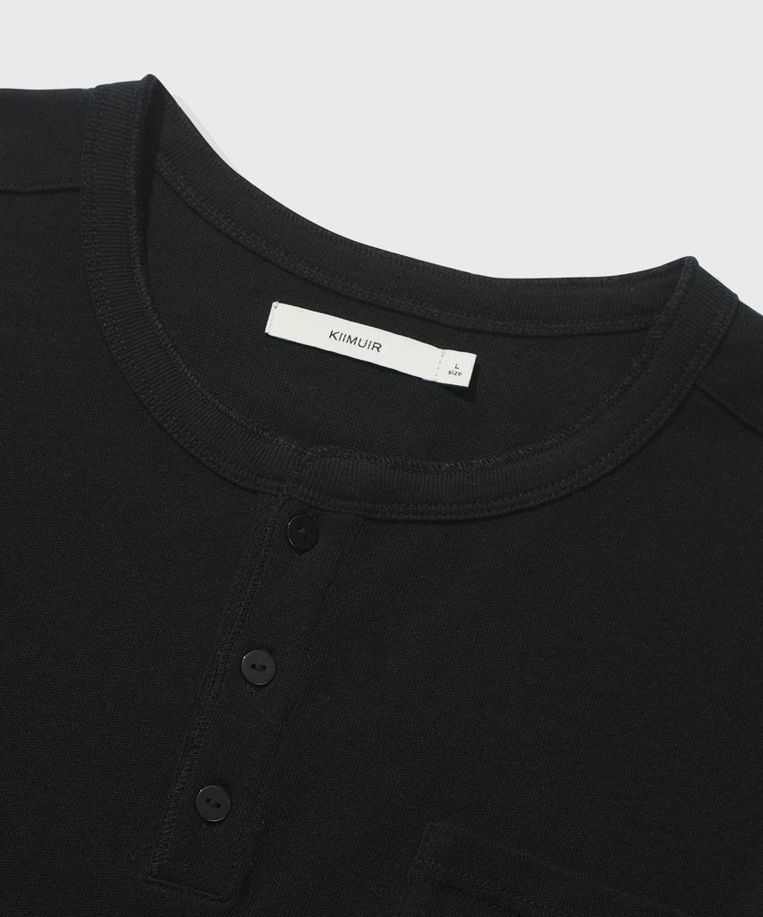 KIIMUIR [Crop] Heavy Cotton Roll-Up Henley Neck Short Sleeve T-Shirt_Black