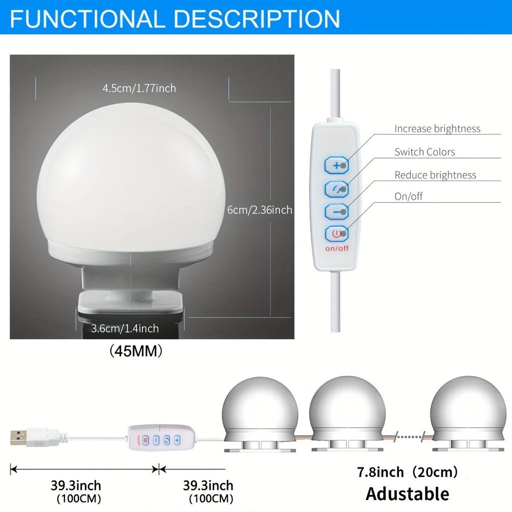 Светодиодный светильник для макияжа на зеркале - регулируемые лампочки, цвет и яркость регулируются, USB-кабель для любителей макияжа - идеально подходит для туалетного столика, спальни, ванной комнаты