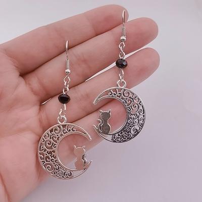 Модные серебряные серьги-капли с луной и кошкой, женские черные хрустальные бусины в форме полумесяца, готические ювелирные изделия в стиле панк, подарки для любителей кошек