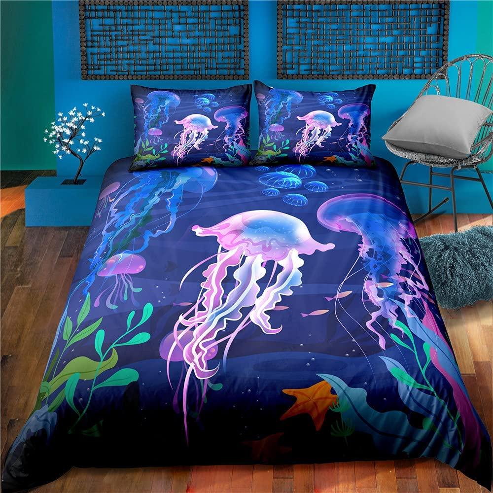 Jellyfish Bedding Set Queen,Ocean Nautical Comforter Cover for Kids Boys Girls,Hawaii Beach Duvet Cover Teens Cute Sea Animal