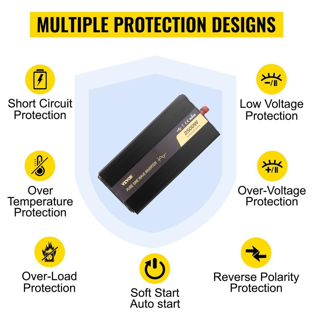 Инвертор чистой синусоиды 2500 Вт, Автомобильный инвертор DC 12V AC 230V, Порт USB, ЖК-дисплей, Пульт дистанционного управления, Защитные функции, Преобразователь мощности