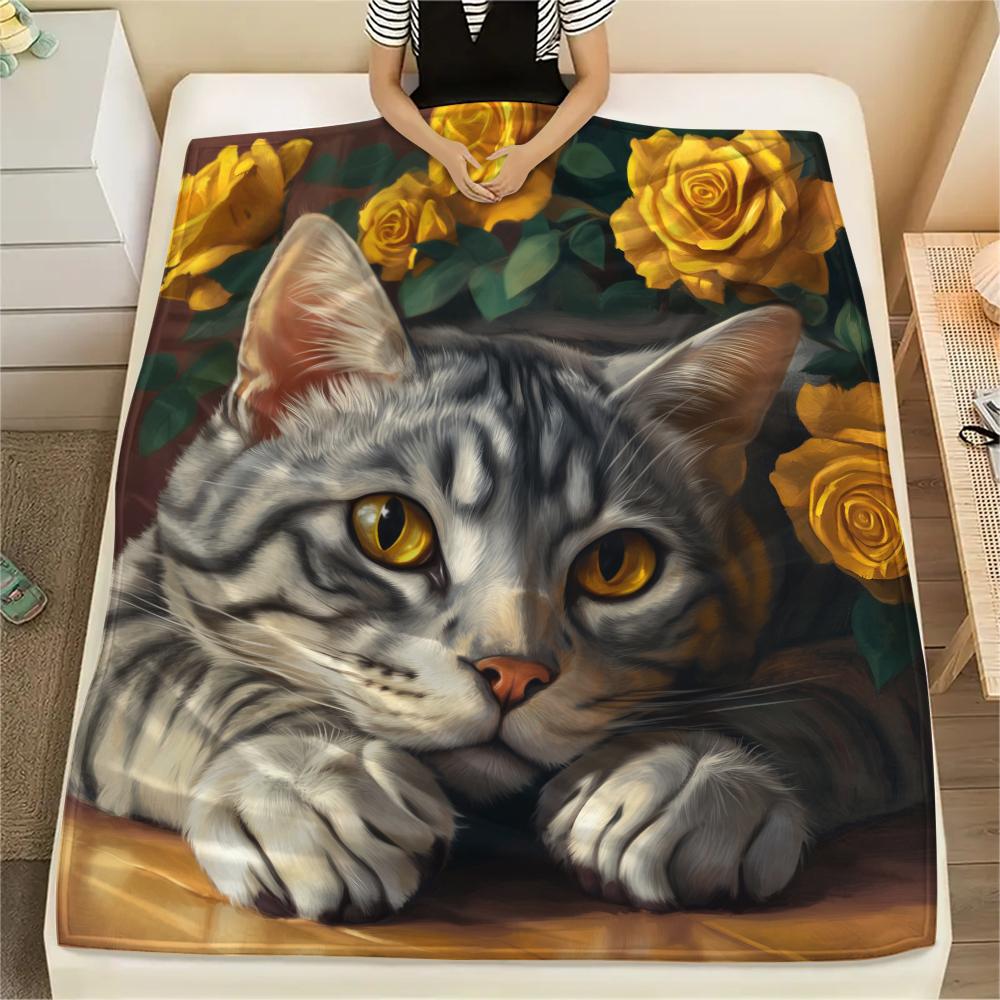 American Shorthair and Roses,pattern Flannel Blanket, High quality Comfortable for All Seasons, Home Decor, Warmth and Comfort, Perfect for Gifts.