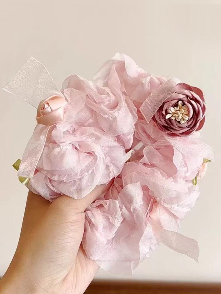 1pc Rose Flower Bow Lace Edge Large Intestine Hair Ring, Spring Elegant Flower Head Rope, High-end Ponytail Delicate Head Rope