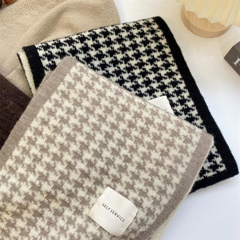 Женский простой шарф в гусиную лапку Модный классический зимний теплый вязаный шейный платок Грелка для шеи Для