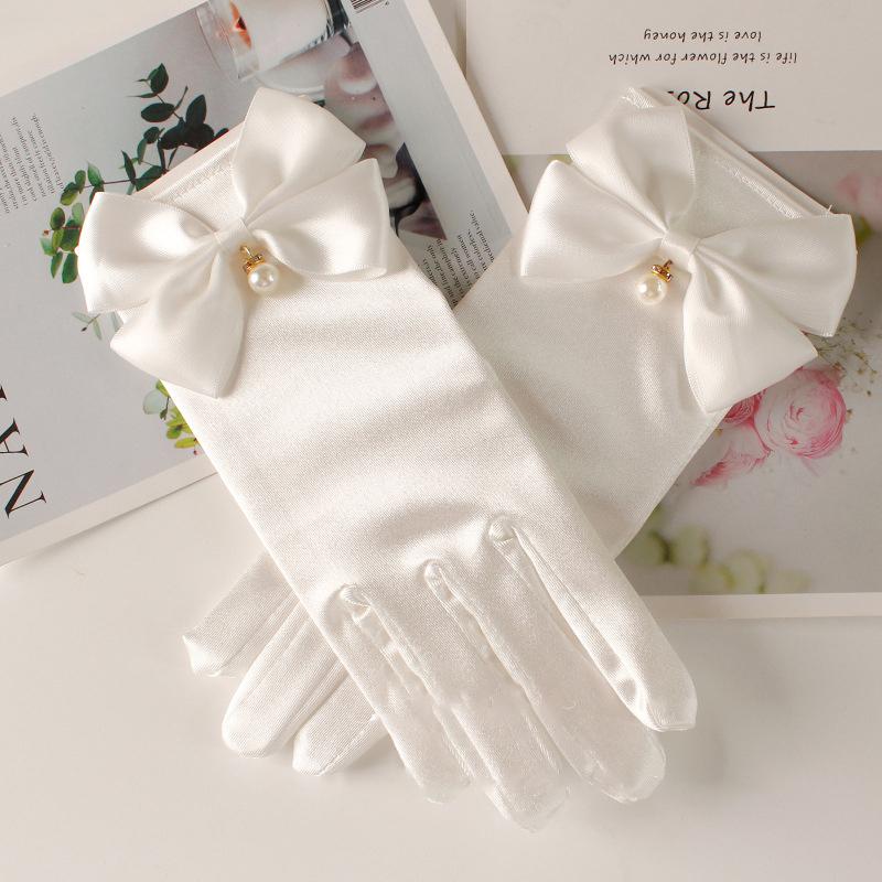 White Romantic Bridal Short Satin Gloves Girl Formal Tea Party Elegant Dress Pearl Wrist Bow Gloves Wedding Accessories