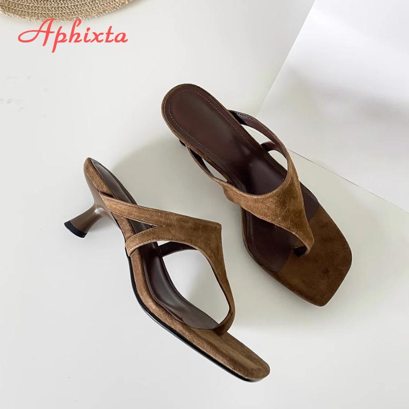 Aphixta Женские классические шлепанцы из коровьей замши на тонком каблуке, тапочки для женщин, летние пляжные сандалии, уличные вьетнамки, женская обувь
