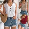 Summer Solid Color Button V-neck Cuffed Sleeveless Top Vacation Knitted Sweater Women's Wear