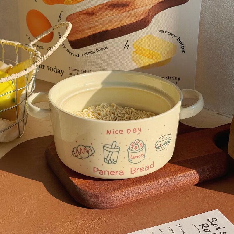 Милая керамическая миска для лапши с двумя ручками и крышкой