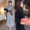 Autumn Winter New Korean Style Long Sleeve Women's Fashion Turtleneck Warm Long Maxi Knitting Pullover Sweater Dresses With Belt