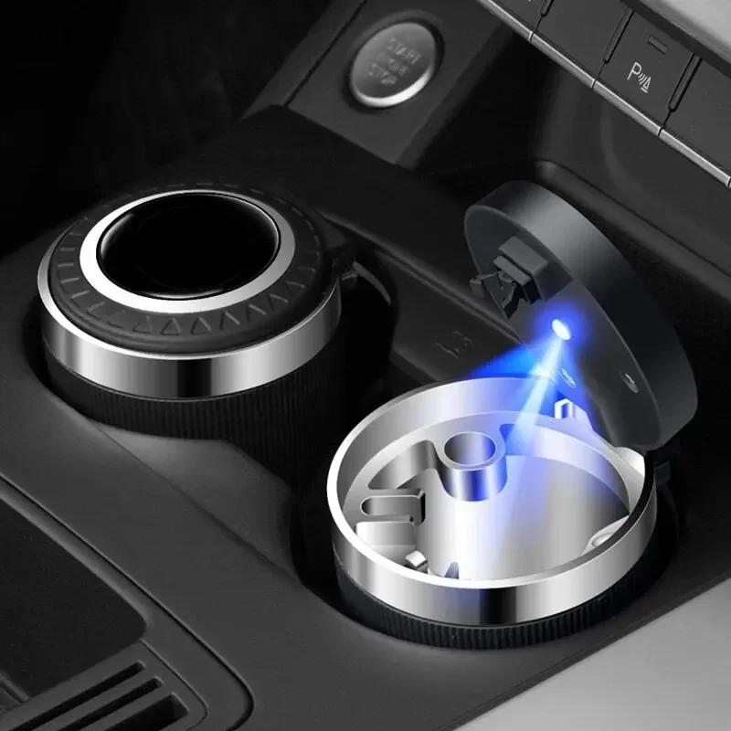 Car Ashtray With Lid Blue Led Smell Proof Portable Ashtray Cup For Auto Fireproof Shell One Touch Open Car Accessories