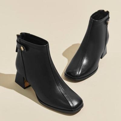 Элегантные туфли с квадратным носком и средним каблуком, женские короткие туфли, осенне-зимние кожаные теплые ботильоны для женщин, тренд 2025, горячие ботильоны