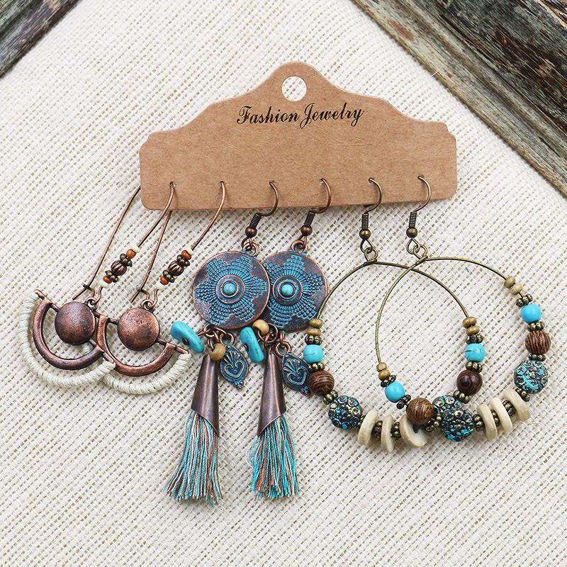Bohemian Ethnic Retro Earring Set: 3-Piece Hanfu & Nepal Style for Women