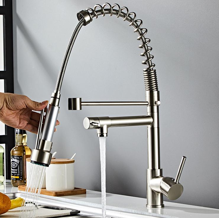 Chrome Spring Kitchen Faucet Pull Down Dual Spouts 360 Swivel Handheld Shower Kitchen Mixer Crane Hot Cold 2 Outlet Spring Taps