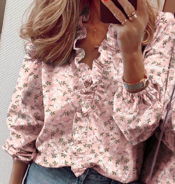 Women Fashion Letter Printed Shirt Long-sleeved Printed Floral Tops Ruffle Shirt