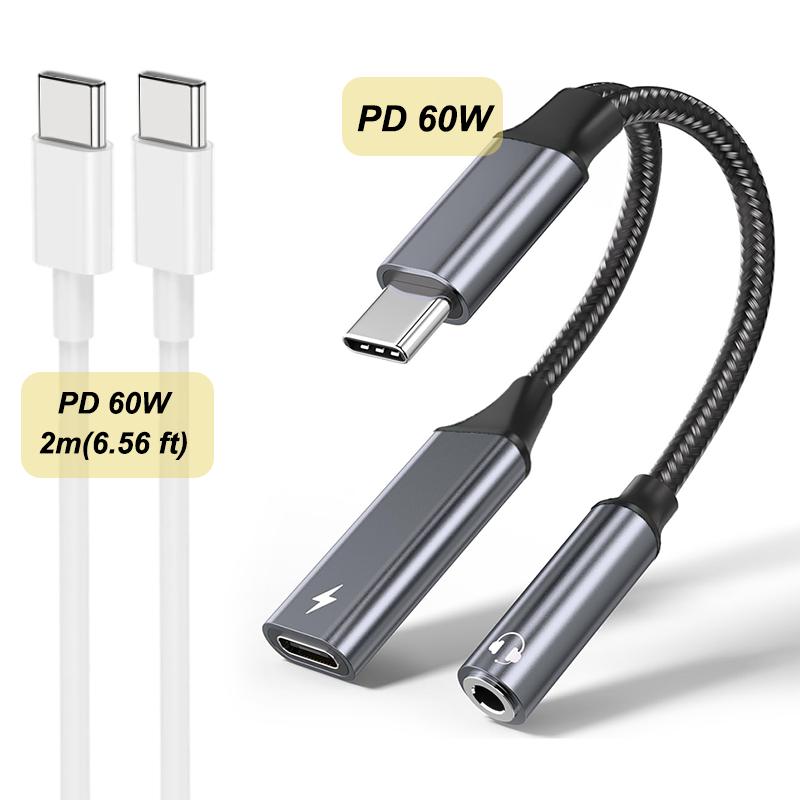 Аудиоадаптер Type C 2 в 1, PD 60 Вт, быстрая зарядка, USB C на 3,5 мм Jack, для 15/16 Samsung Huawei