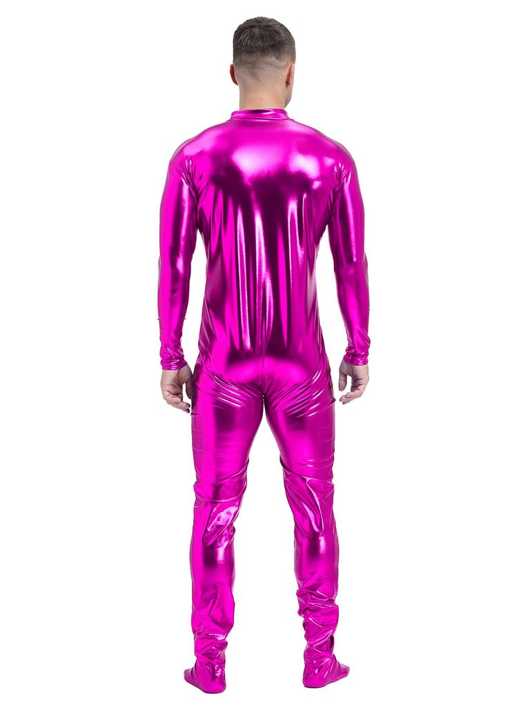 Mens Metallic Zentai Jumpsuit Full Body Tight Mock Neck Long Sleeve Club Performance Costume