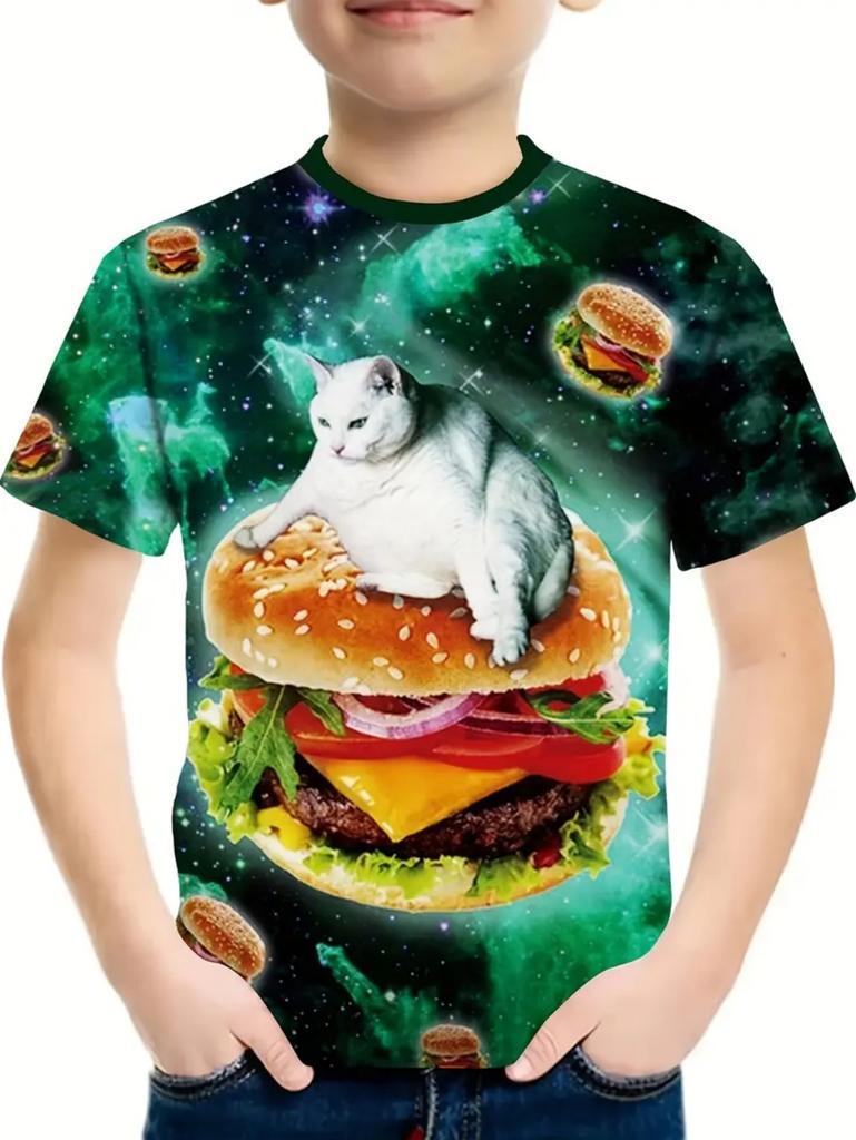 Детская футболка Милый Кот Тако Пицца Узор 2025 Лето Короткий Рукав Топы Цветные 3D Печать Одежда для Мальчиков Свободная Детская Одежда