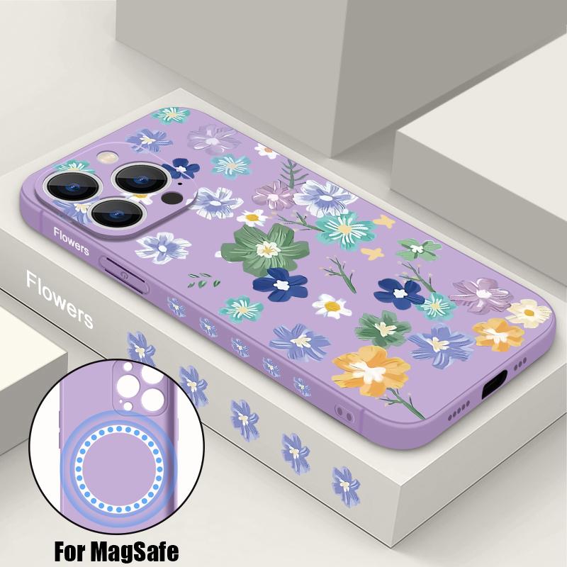 Магнитный чехол с цветочным принтом для iPhone Air 16e 17 16 15 14 13 12 Pro Max 11 Для Magsafe Беспроводная зарядка Силиконовый Мягкий ТПУ Чехол